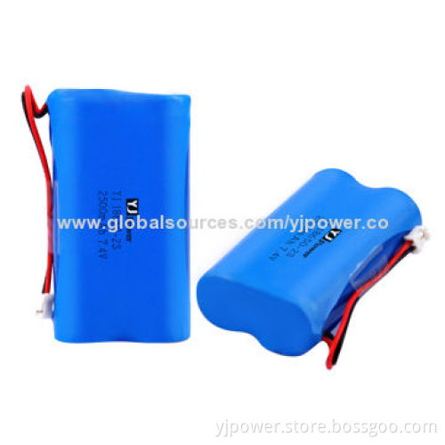 7.4V/2,500mAh Cylindrical Li-ion Battery Pack, 18650-2S, Sized 18.4 x 36.5 x 65.5mm